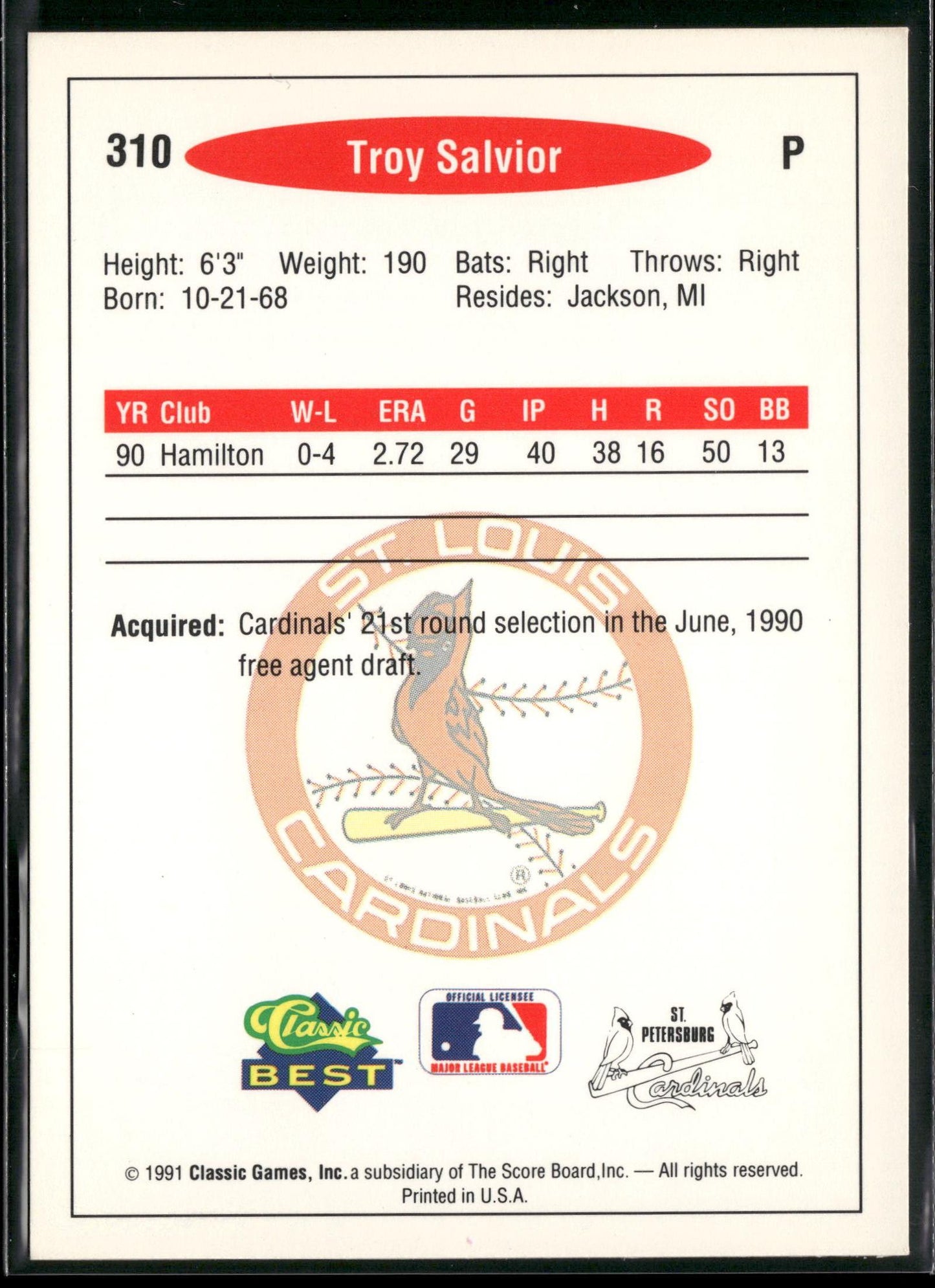 1991 Classic Best #310 Troy Salvior
