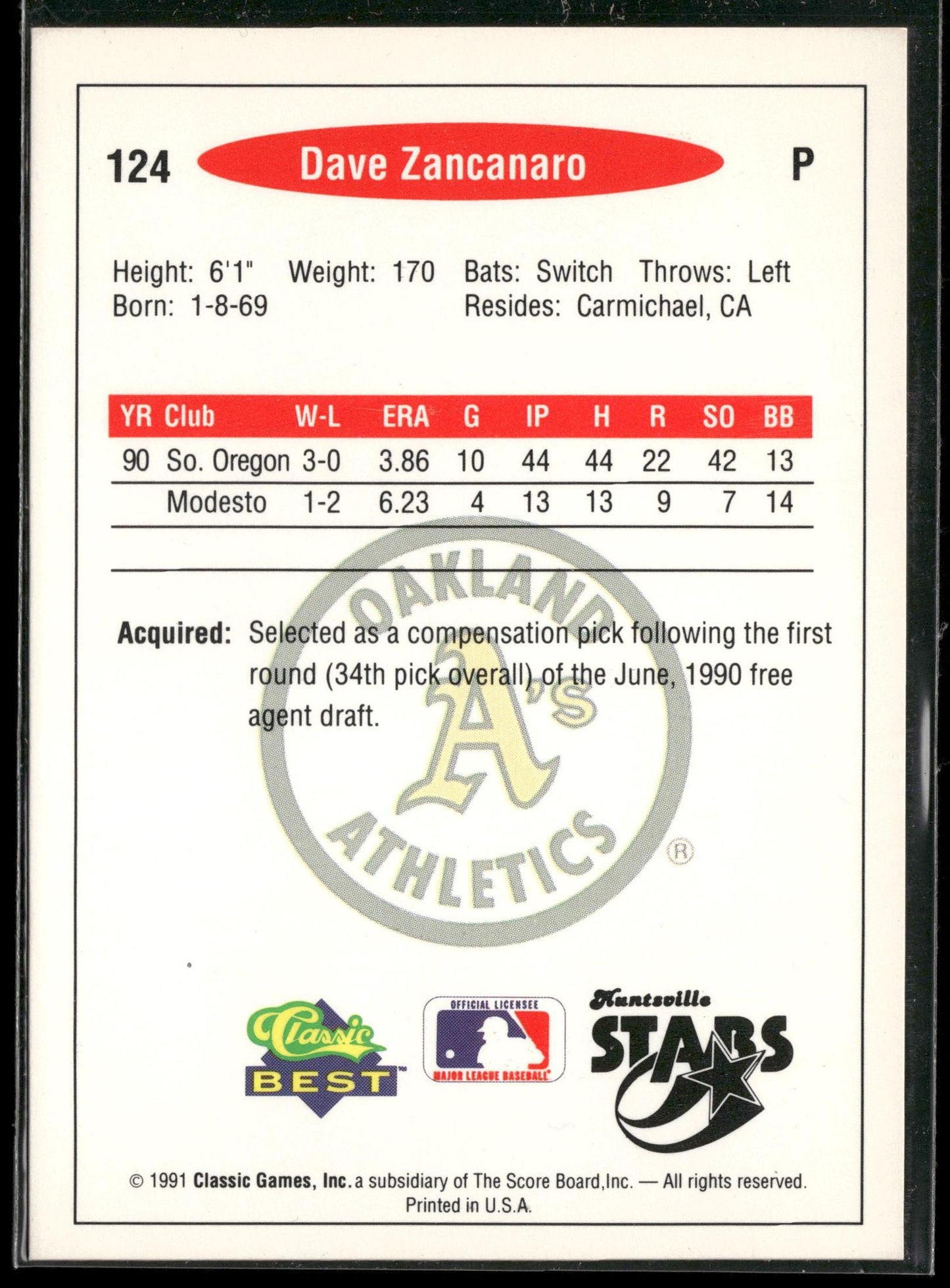 1991 Classic Best #124 Dave Zancanaro