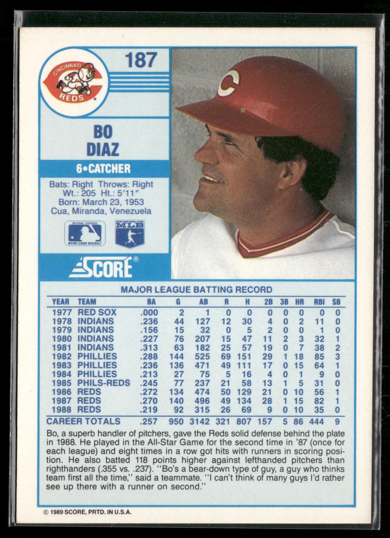 1989 Score #187 Bo Diaz