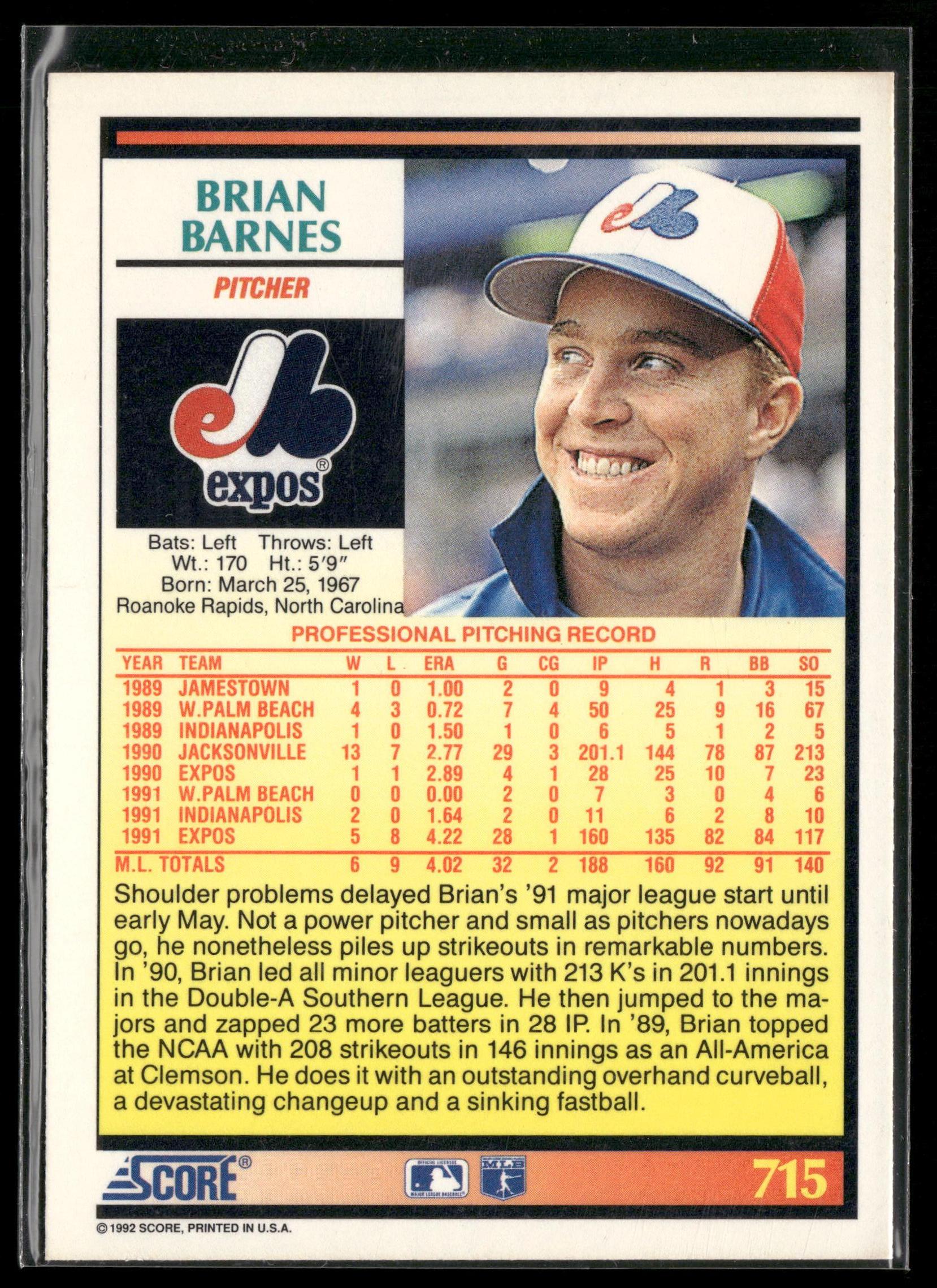 1992 Score #715 Brian Barnes