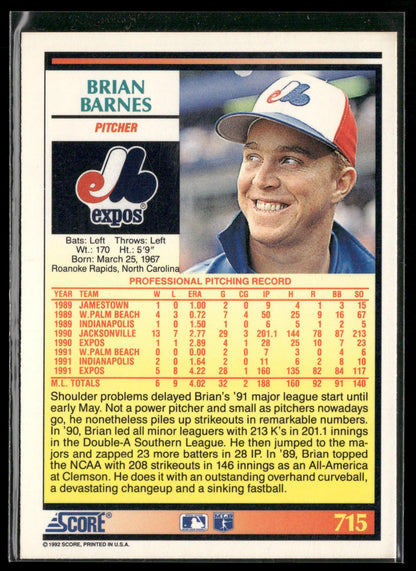 1992 Score #715 Brian Barnes