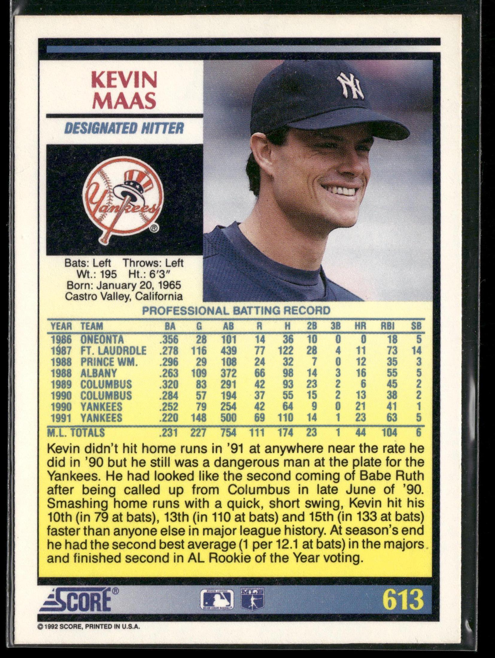 1992 Score #613 Kevin Maas