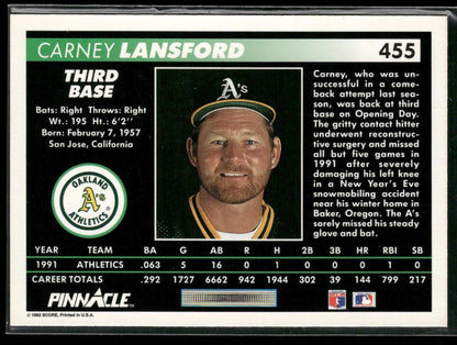 1992 Pinnacle #455 Carney Lansford