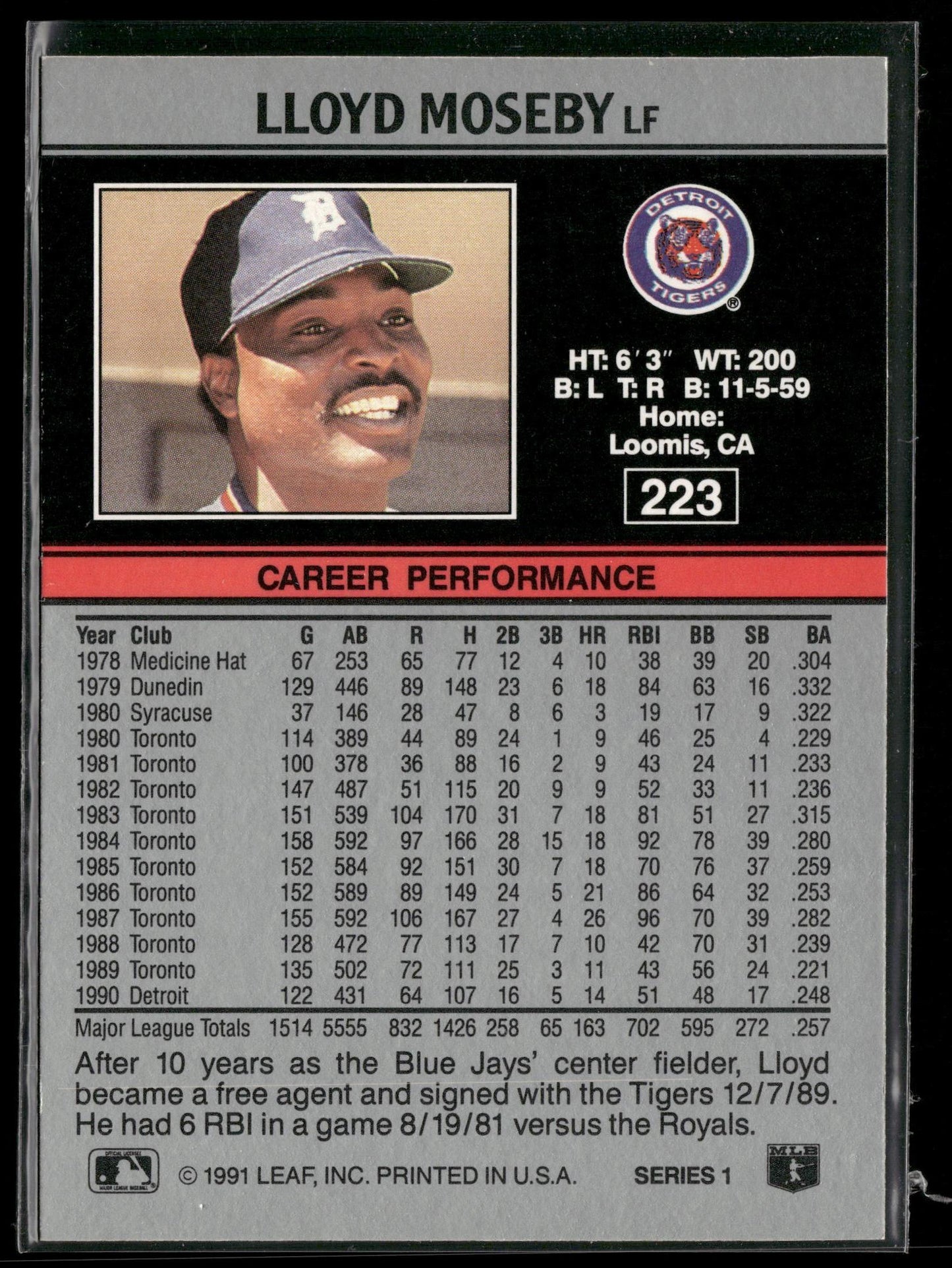 1991 Leaf #223 Lloyd Moseby