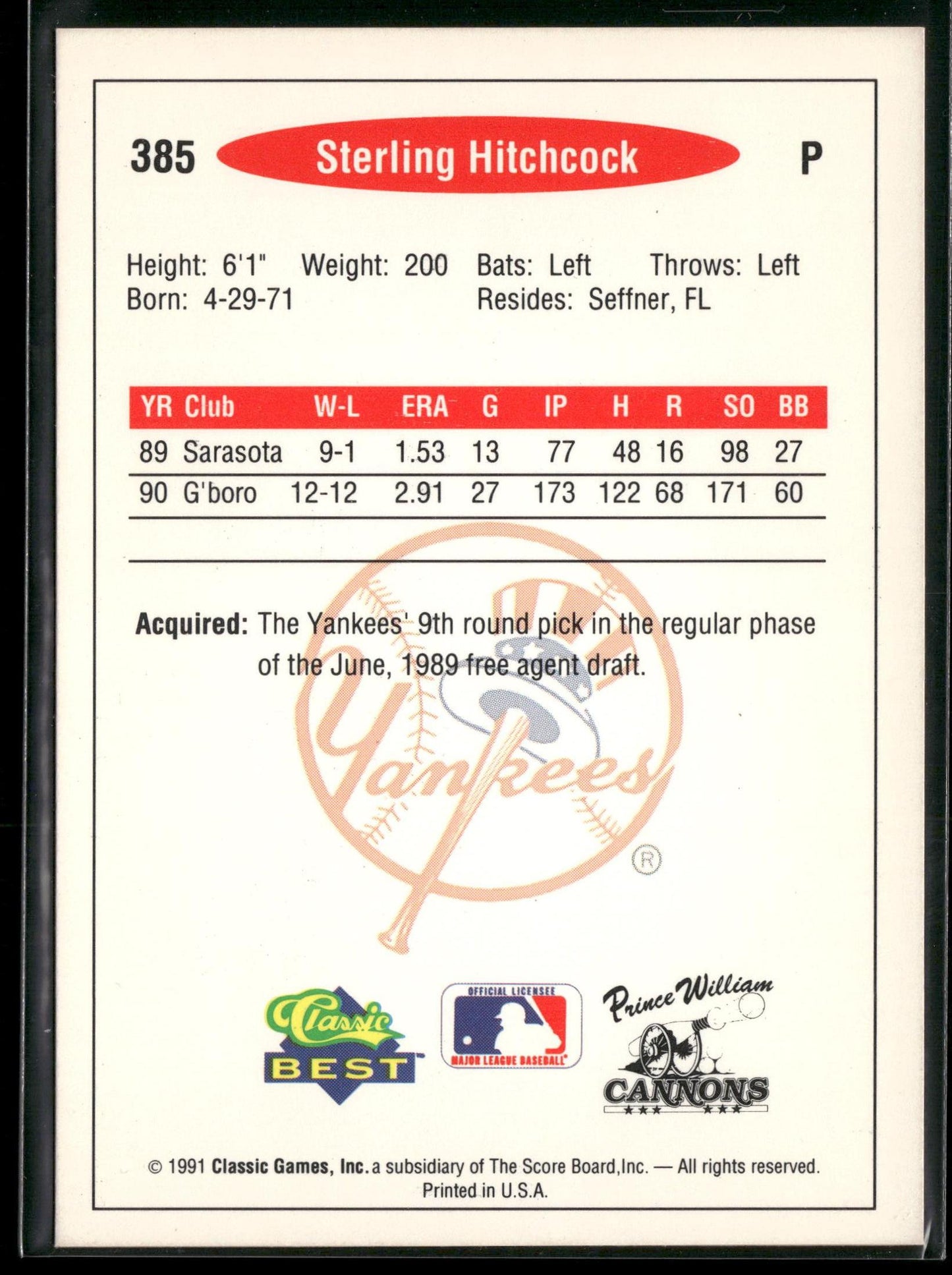 1991 Classic Best #385 Sterling Hitchcock