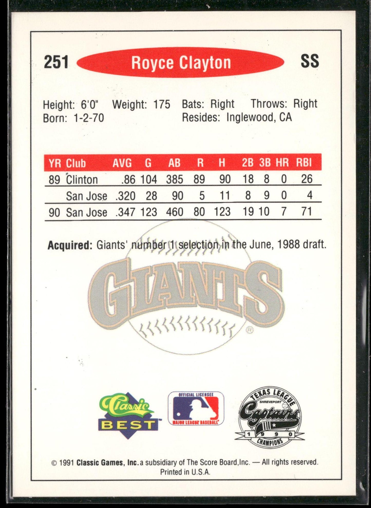 1991 Classic Best #251 Royce Clayton